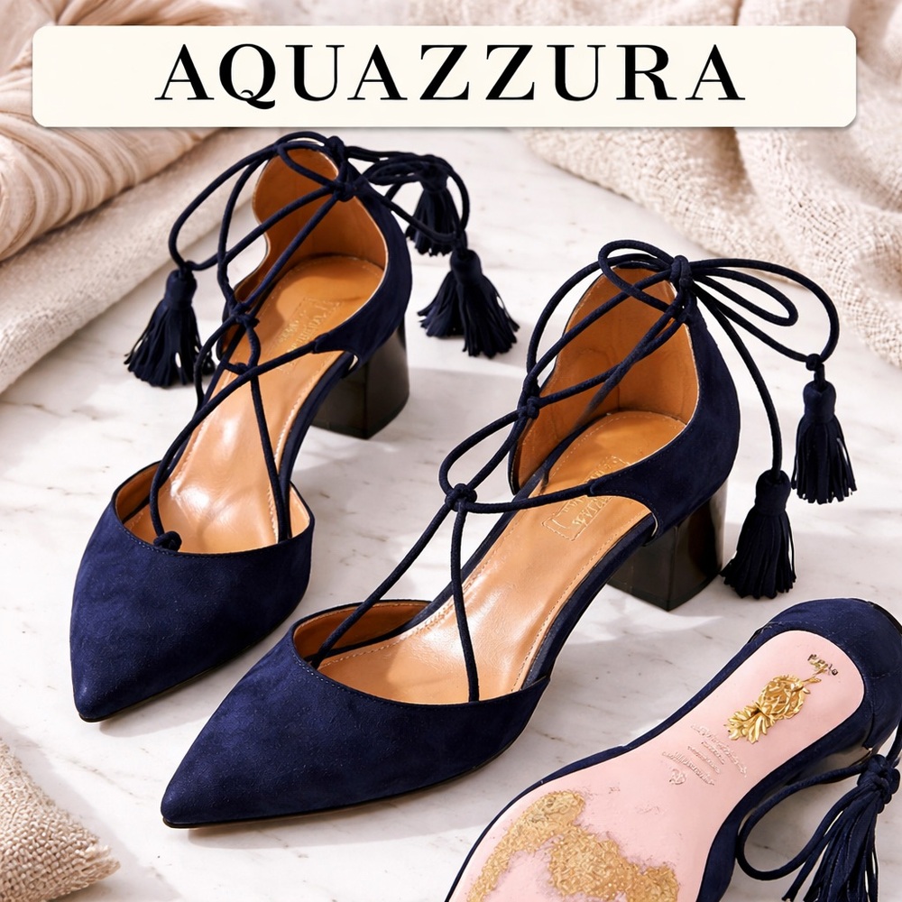 Aquazzura Firenze Suede Lace-Up Pumps Navy Tassel Heels Size 36
